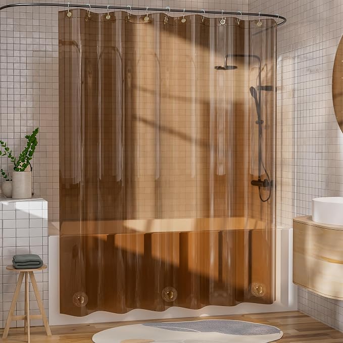 AmazerBath Shower Curtain Liner, 100% EVA Soft Clear Amber Heavy Duty Shower Curtain and Liner 2-in-1, 72x72 Luxury Plastic Weighted Bathroom Shower Liner, 12 Rustproof Grommets & 3 Heavyweight Stones