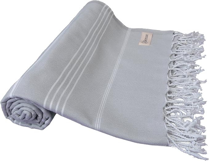 Bersuse Towels Anatolia XL Beach Blanket Throw Blanket Turkish Towel 100% Cotton Extra-Large Quick-Dry Lightweight Premium Peshtemal Towel - 61x82 Inches, Silver Grey