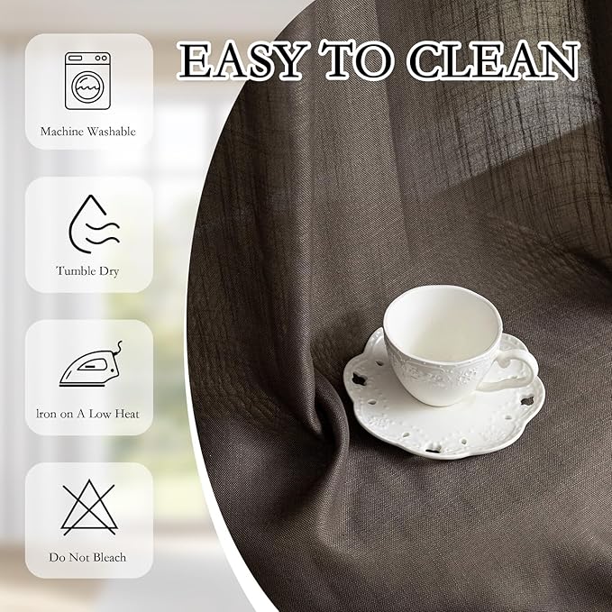 MYSKY HOME Dark Brown Sheer Curtains 63 inch Length Semi Sheer Curtains for Bedroom Light Filtering Short Window Treatment Privacy Protect Boho Farmhouse Soft Drapes Set, Back Tab, 50" Wide, 2 Pieces