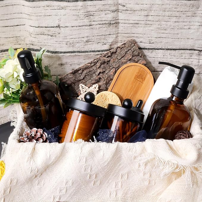 Bathroom Accessory Set 5 Pcs, 2 Pcs 16oz Amber Glass Soap Dispensers with Stainless Steel Pumps, 2 Pcs Qtip Holder Dispensers with Waterproof Labels & Bamboo Tray