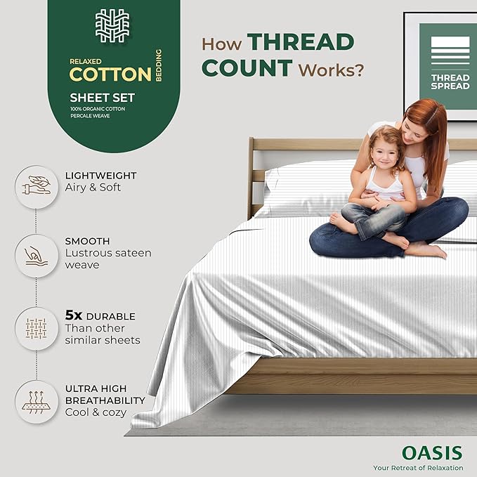 THREAD SPREAD 100% Organic Cotton Sheets Twin XL Size - Organic Cotton Percale Weave Sheet Set (3 PC, Light Grey Pinstripe), Soft, Cooling, Crisp & Breathable, 16" Deep Pocket Hotel Bedding Set