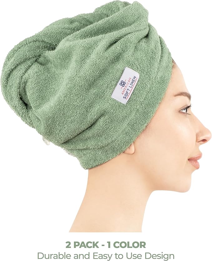 American Soft Linen 100% Cotton Hair Towels for Women, Head Towel Cap, Cotton Hair Turban Towel Wrap for Long Curly Anti Frizz Hair, Soft and Absorbent Cotton Hair Towels 2 Pack, Sage Green
