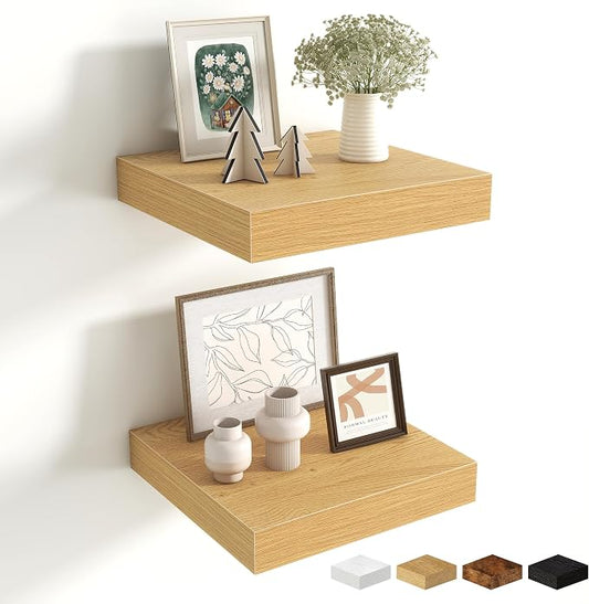 Fun Memories Floating Shelves for Wall - 10" x 10" Wood Shelf with Invisible Bracket - Deep Floating Shelves - 10 Inch Shelf Wall-Mounted for Living Room & Bathroom - Oak - Set of 2