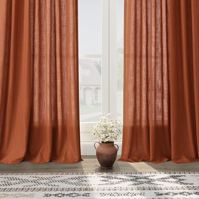 Terracotta Linen Curtains 84 inches Long 2 Panel Set Back Tab Rod Pocket Rustic Farmhouse Boho Curtains for Living Room Semi Sheer Brick Burnt Orange Bohemian Fall Decor for Dining Room Rust