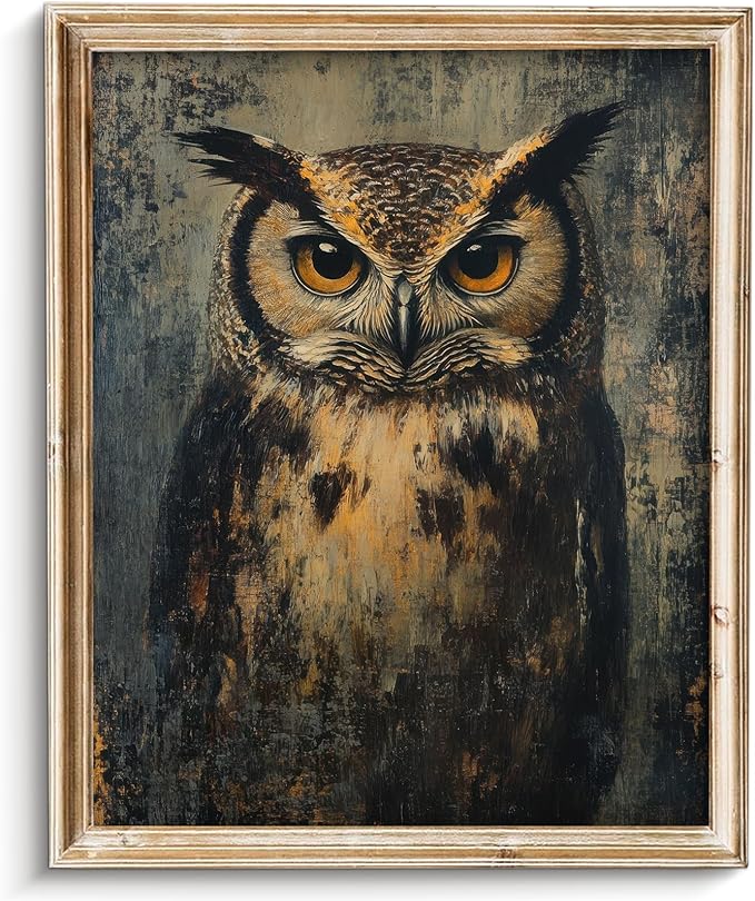 Vodefoad Vintage Dark Academia Owl Wall Art Decor, Retro Moody Rustic Bird Canvas Painting, Antique Dark Animal Gallery Wall Art for Bathroom Bedroom Home - 8x10Inch Unframe