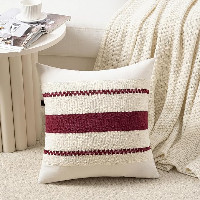 Fancy Homi Set of 2 Burgundy Boho Decorative Throw Pillow Covers 22x22 Inch for Couch Bed Sofa, Aesthetic Modern Farmhouse Christmas Room Decor, Soft Cotton Cute Textured Wind Red Cushion Case