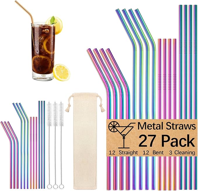 27 Pack metal straws reusable,12 Pcs Straight +12 Pcs Bent 3 Pcs Cleaning Brushes Included,stainless steel straws for 20oz and 30oz Tumblers Dishwasher Safe