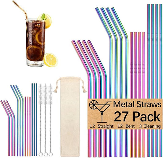 27 Pack metal straws reusable,12 Pcs Straight +12 Pcs Bent 3 Pcs Cleaning Brushes Included,stainless steel straws for 20oz and 30oz Tumblers Dishwasher Safe