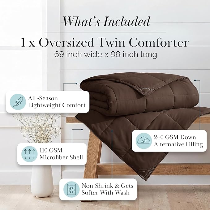 Southshore Fine Living, Inc. Twin Comforters, Oversized Bedding, Down-Alternative Brown Comforter/Bedspread Twin Size, Fluffy Comforter, Easy Care, Pet Hair Resistant Bedding, Chocolate Brown
