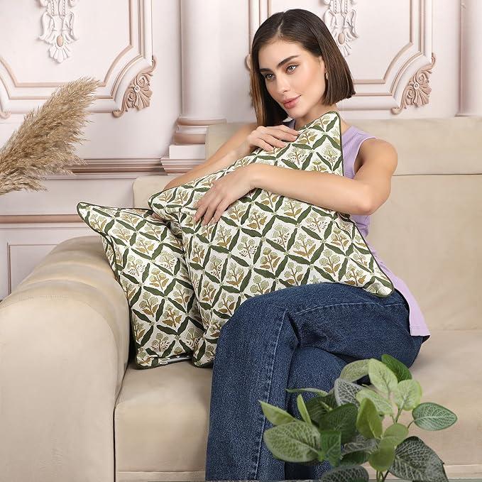 SheetKart Pure Cotton Throw Pillow Covers - Set of 2 - Hand Block Pure Cotton Printed Boho Decorative Pillow Covers - Cushion Covers for Living Room, Bohemian Theme, 18 x 18 Inches, Sagewood Olive