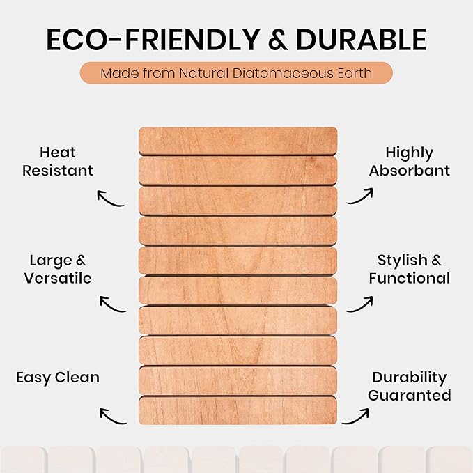Large Stone Drying Mat 24"x16" – Diatomaceous Earth Stone Dish Drying Mat – Foldable, Ultra-Absorbent & Quick-Drying Countertop Protector for Cups, Plates, Utensils & Cookware - Wood Grain Textured