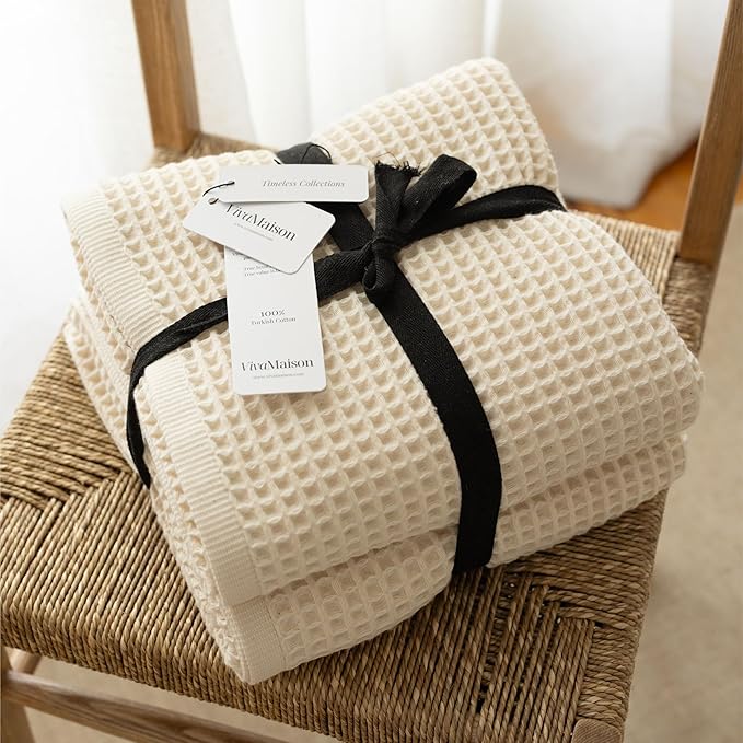 4-Piece Waffle Towels Set for Bathroom - Soft 100% Turkish Cotton Quick-Dry Lint-Free Waffle Weave Thin Bath and Hand Towels (Light Pink, 2 Bath & 2 Hand Towel Set)