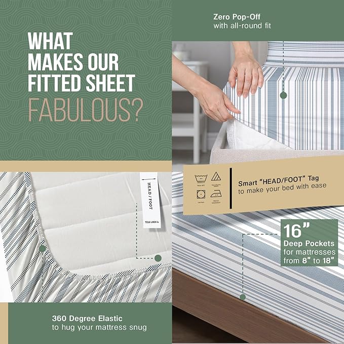 TEXAS LINEN CO. 100% Organic Cotton Sheets California King Size - 4 PC Organic Cotton Cal King Size Percale Printed Sheet Set, Soft, Cooling & Crisp, 16" Deep Pocket Hotel Bedding Set - Dotted Stripe