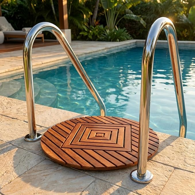 Designer Round Teak Shower Mat, Xtra-Large 32” Diameter, Waterproof, Teak Oil Finish, for Bathroom, Pool, Spa, Boat, Sauna, Patio, Front Door from Our Diamond Collection