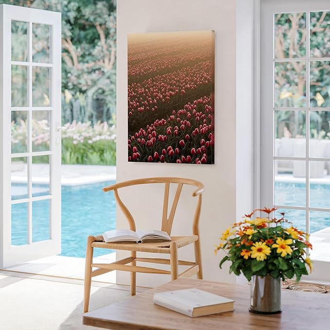Monem Art Golden Tulip Field Sunset Photography Print - Romantic Spring Landscape Art Poster - Wall Decor for Living Room, Bedroom or Office - 12x16 STRETCHED CANVAS Wall Art by Mareike Bohmer