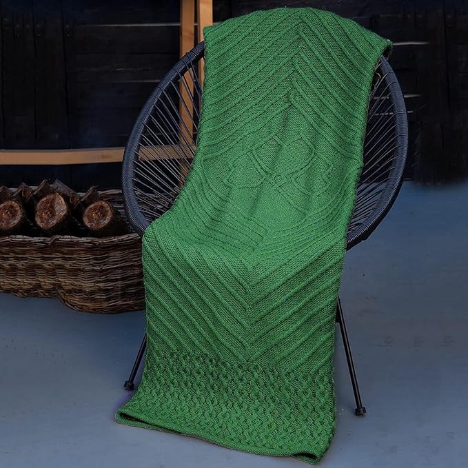 SAOL Irish Throw with Shamrock - 100% Merino Wool Aran Couch Blanket 48'' x 68'' (122 x 173 cm) (Green)