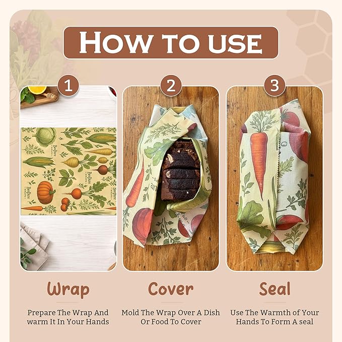 Reusable Beeswax Food Wrap Roll – Bees & Veggies (15”×80”)