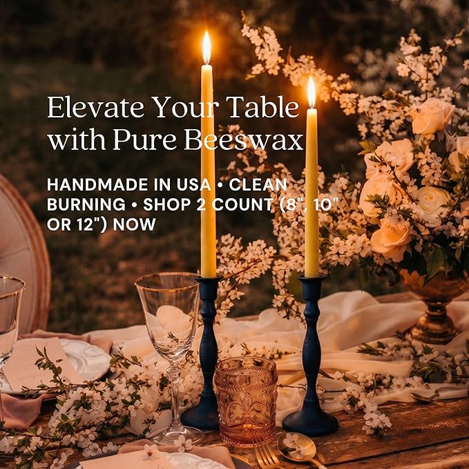 Bluecorn Beeswax Taper Candles, 100% Pure Natural Bees Wax, Pair of 8 Inch Ivory White Tapered Candlesticks, Clean Burning & Dripless, Fragrance Free, Long Lasting, Home Decor, American Made, 1 Count