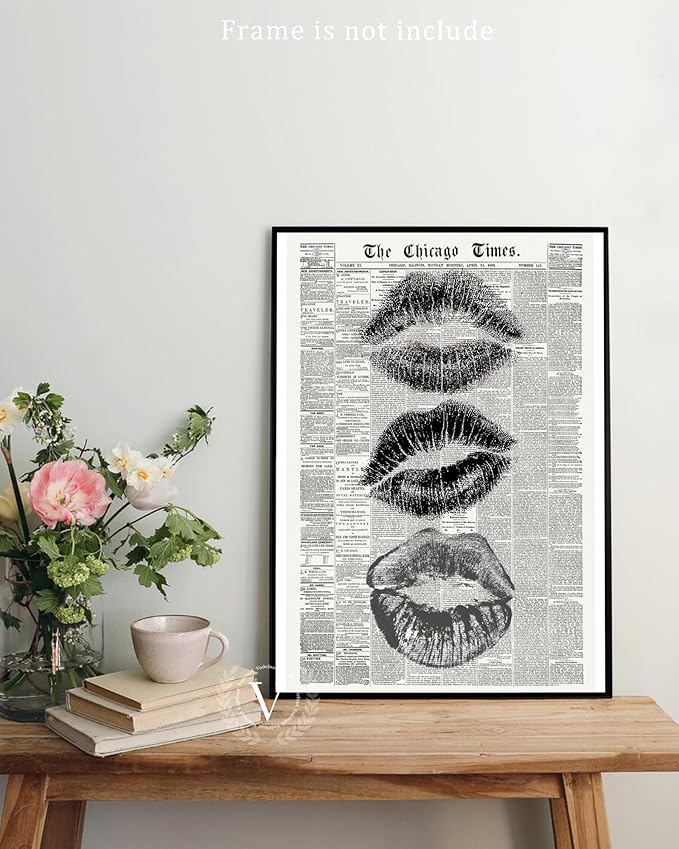 Vodefoad Trendy Newspaper Kiss Lips Wall Art Canvas Prints Disco Poster for Teen Girly Bedroom Apartment Vintage Black & White Newspaper Wall Dec Bar Cart decor -8x10 Unframed