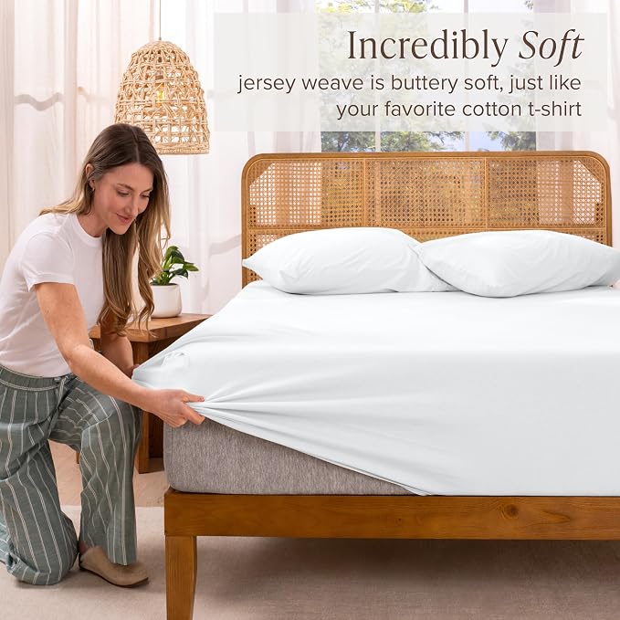 Bare Home 100% Organic Cotton Jersey Fitted Sheet - Full Size - Ultra Soft - Deep Pocket Fitted Sheet - 100% Cotton - Ring Spun Yarns (Full, White)