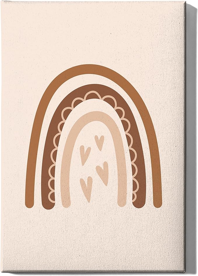 Y2K BOO Boho Nursery Rainbow Wrapped Canvas Wall Art with Hearts Earth Tones Terracotta Brown 24x36 Inch Gallery Stretched Modern Home Decor