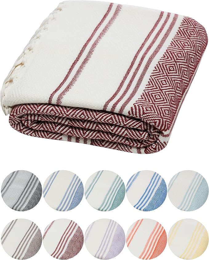 DEMMEX Organic Diamond Turkish Bath & Beach Towel | 100% Oeko-TEX Certified Turkish Cotton, Ultra-Soft, Quick-Dry, Lightweight, Compact & Oversized Luxury Peshtemal Towel, Prewashed, 71"x36", Burgundy