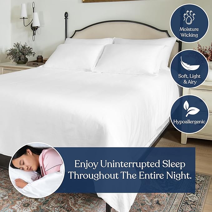 GOTS Certified 100% Organic Cotton Percale 400TC Bedding Bundle, Ultra Soft Silky, Moisture-Wicking, Smooth & Breathable, (White, Twin - 5 Piece with Sheet Set)