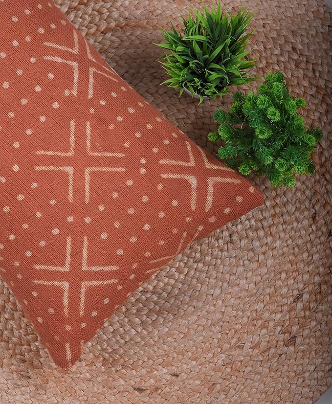 Trade Star Handwoven Oblong Pillow Cover Decorative Throw Pillow Case Mudcloth Modern Geometric Pillow Cover Luxurious Couch Cushion Cover for Room Decor (Rust NOVA 12X24 INCHES)