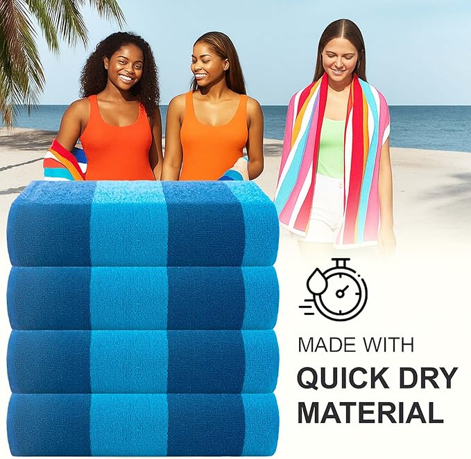 CASA COPENHAGEN Malibu Towel 4Pcs Navy Designer Stripe Beach Towels Gift Set, 30"x60" Oversized 100% Cotton Pool Bath Towel for Beach Gift Set (Perfect Summer Gift Set for Women & Men)