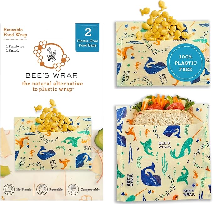 Bee's Wrap Beeswax Wraps for Food - 2 Pack of Assorted Beeswax Wraps - Snack Bag & Sandwich Wrap - Plastic Free Made in USA Reusable Natural Food Wrap - Under The Sea