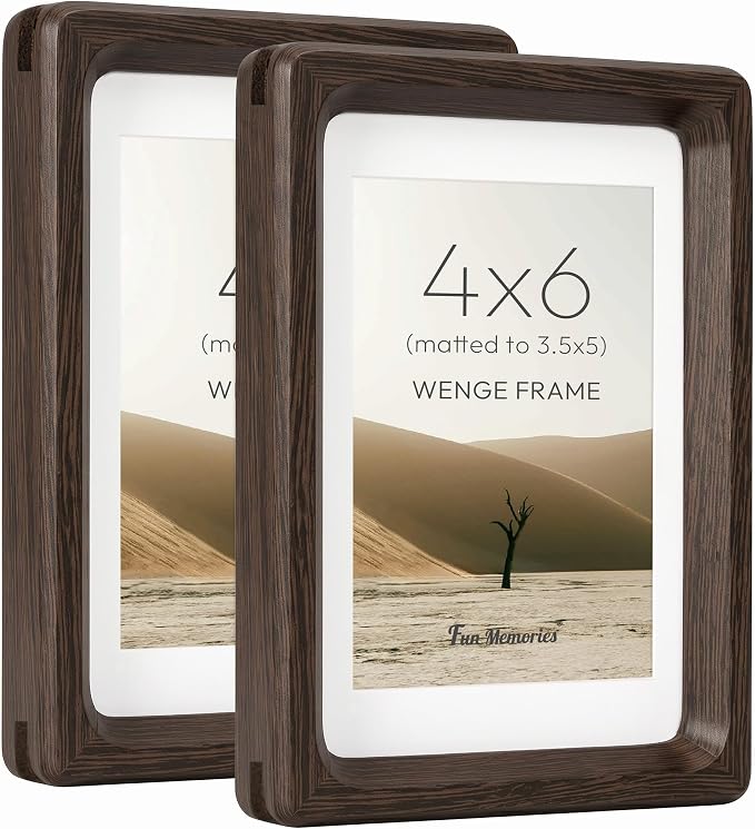 4x6 Picture Frame Set of 2, Natural Wenge Wood Photo Frames with HD Tempered Glass, Handcrafted Rounded Corner 4 x 6 Wooden Frame Matted to 3.5x5 Photos, 4x6 Frames, Tabletop or Wall Display