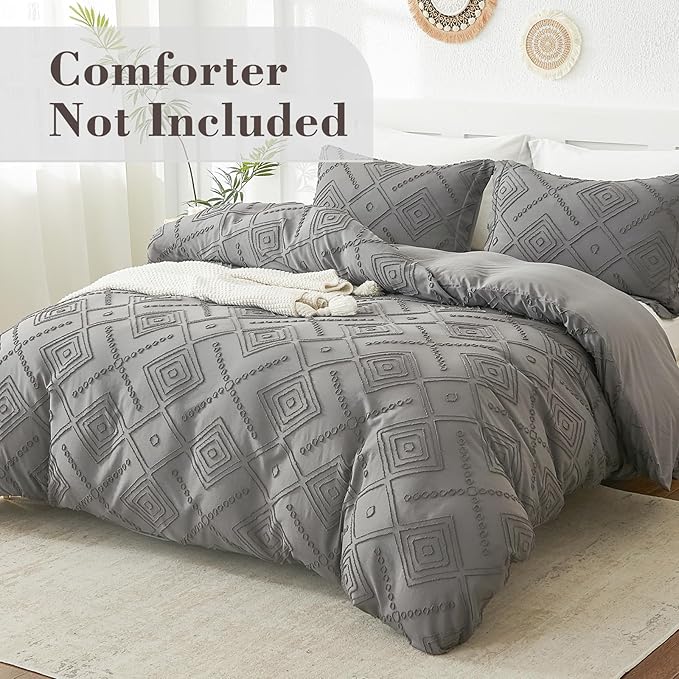EMME Duvet Cover Queen Size, Boho Tufted Comforter Cover, 3 Pieces Embroidery Chic Bedding Set for All Seasons, 1 Duvet Cover + 2 Pillowcases (Dark Grey, Queen)