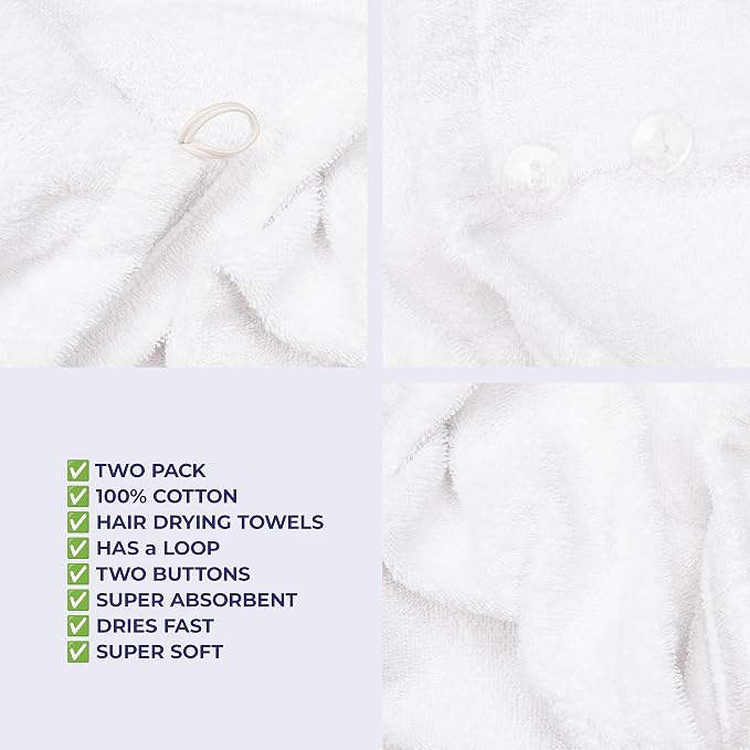 American Soft Linen 100% Cotton Hair Towels for Women, Head Towel Cap, Cotton Hair Turban Towel Wrap for Long Curly Anti Frizz Hair, Soft and Absorbent Cotton Hair Towels 2 Pack, White