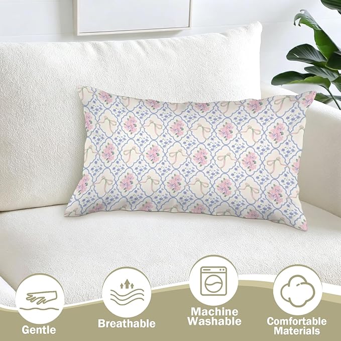 Grandmillennial Pink and Blue Floral 12x20 Pillow Cover,Coquette Bow Grandmillennial Flower Room Decor,Chinoiserie Floral Decorative Lumbar Pillow Covers for Girls Dorm Bedroom Living Room Home