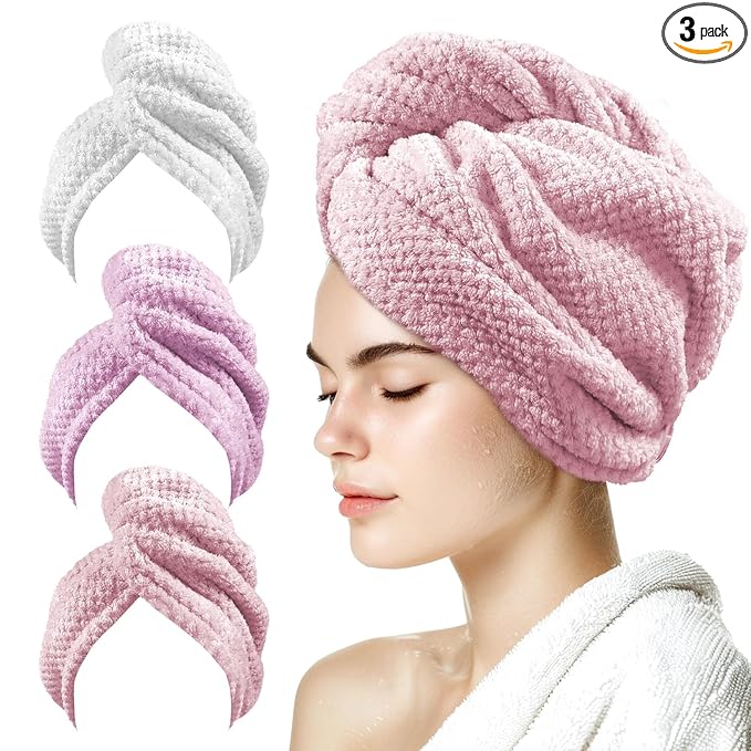 my novel things 3 Pack Hair Towel Wrap for Women, 25.4" x 9.8" Microfiber Towels, Super Absorbent Quick Dry with Button for Curly Hair Anti Frizz (Pink,White,Purple) Gift for Women Girls