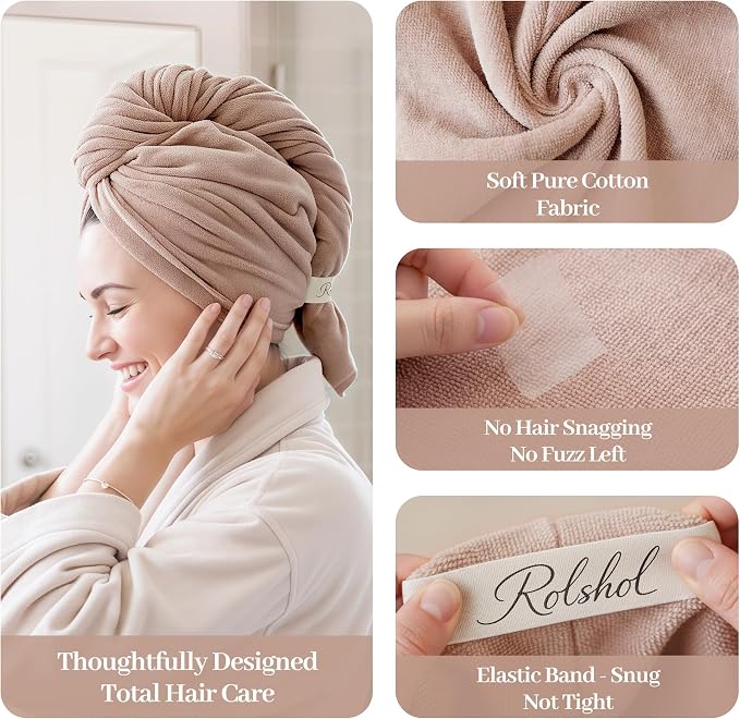 ROLSHOL Cotton Hair Towel Wrap for Women, 2 Pack 100% Cotton Hair Drying Towels for Long, Thick & Curly Hair, 32" x 11" Large Hair Turban for Wet Hair with Elastic Band (Checkered Pattern)