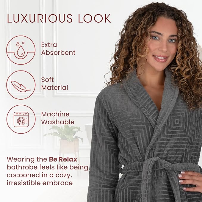 Be Relax Bathrobe for Women - Full Length Terry Cotton Robe with Shawl Collar and Hood, Warm and Cozy Robe with Belt & Pocket