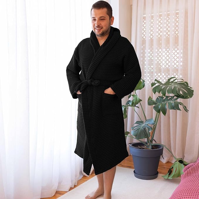 100% Turkish Cotton Men's Waffle Robe with Hooded, Premium Soft Cozy Housecoat or Quick-Dry Bathrobe for Mens