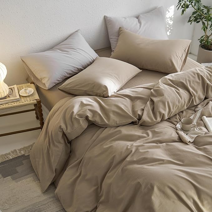 MooMee Twin Duvet Cover Set, 100% Washed Cotton Linen Like Twill Thick Sturdy Material Super Soft Breathable Durable Bedding for All Season, 2 Pieces (Mocha Brown, Twin 68"x90")
