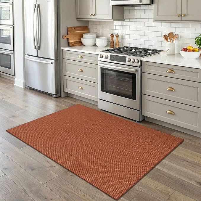 EARTHALL Woven Area Rug 4x5 Ft Washable Rugs for Entryway Non Slip Braided Throw Rugs Bedroom Carpet Cotton Entry Rug Cotton Floor Carpets for Bedroom Dining Room Living Room, Rustic Orange/Tan