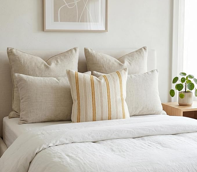 SanVia Cotton Throw Pillow Covers 20x20 – Handwoven Jacquard Texture, Fade-Resistant, No Pilling – Hidden Zipper, Decorative Cushion Cover for Sofa, Couch, Bed – Insert Not Included (Striped, White)