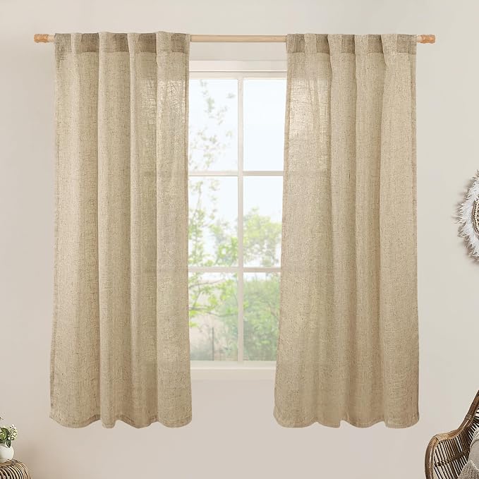 LAMIT Linen Curtains 60 Inch Length 2 Panels, Light Filtering Panels Back Tab and Rod Pocket Neutral Drapes for Bedroom/Window/Living Room, Brown, 34 x 60 Inch