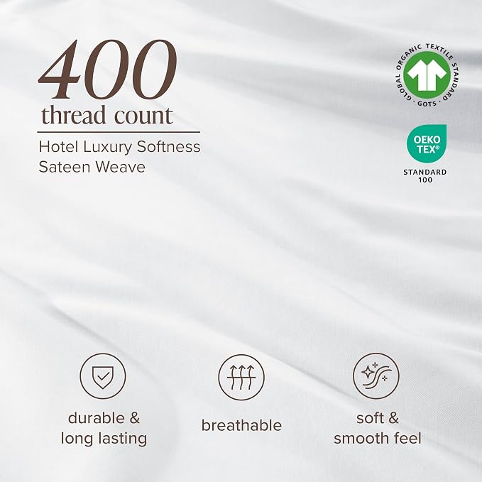 Bare Home 100% Organic Cotton Split King Sheet Set - 400 Thread Count - Smooth Sateen Weave - Breathable & Cooling - Hotel Luxury Set - Deep Pocket Bed Sheets (Split King, White)