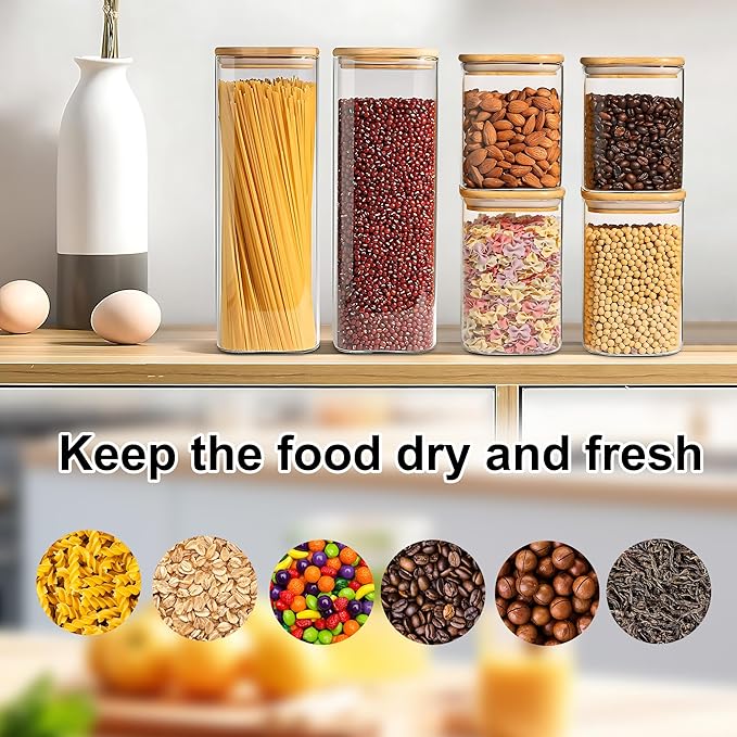YMMIND Glass Food Storage Jars Set of 3 with Bamboo Lid Airtight Glass Storage Canister, Square Kitchen Clear Food Storage Container Jar, for Pasta, Coffee, Cookies, Nuts, Cereal, Oats, Flour