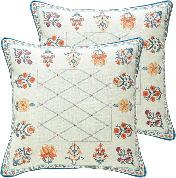 ISAENNE Design Square Linen Throw Pillow Covers 18"x18" Pack of 2, Blue Floral Country Cushion Covers with Colorful Wildflower Pattern Decor Pillowcases for Bed,Living Room,Outdoor,Car