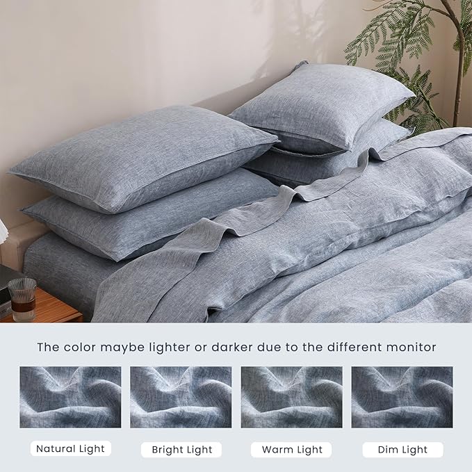 S VICTORY SYMBOL 100% Organic Linen Duvet Cover Set Queen Size,Pure French Flax Bedding Set 3 Pieces(1 Comforter Cover and 2 Pillowcases) Blue Denim,Yarn Dyed Natural Linen Bedding