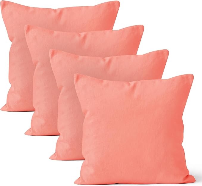 Encasa XO Throw Pillow Covers 24x24 in Set of 4 Coral | No Inserts | Cotton Pillow Covers for Living Room, Bed, Sofa, Couch | Decorative Cushion Covers with Improved Zipper