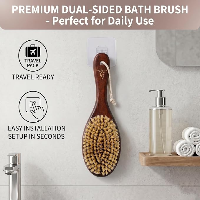 Short-Handle Dual-Sided Bath Massage Brush, Soft Boar & Firm Sisal Bristles, Portable (Red Oak)
