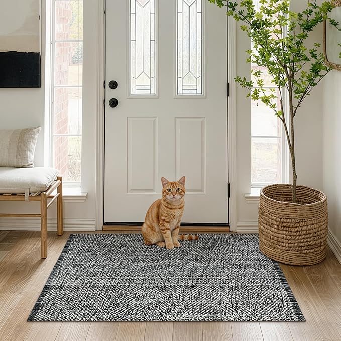 LEEVAN Washable Kitchen Rugs 2' x 4.3', Black Boho Bathroom Rugs Cotton Reversible Runner Rug, Farmhouse Entryway Rug Modern Bedroom Carpet for Foyer Laundry Proch Decor