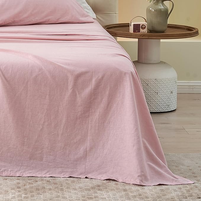 BISELINA Linen Sheet French Flax Flat Sheet Only 55% Euro Linen 45% Cotton Basic Style Solid Color Soft Breathable Farmhouse Top Sheet 1-Piece (King, Pale Pink)